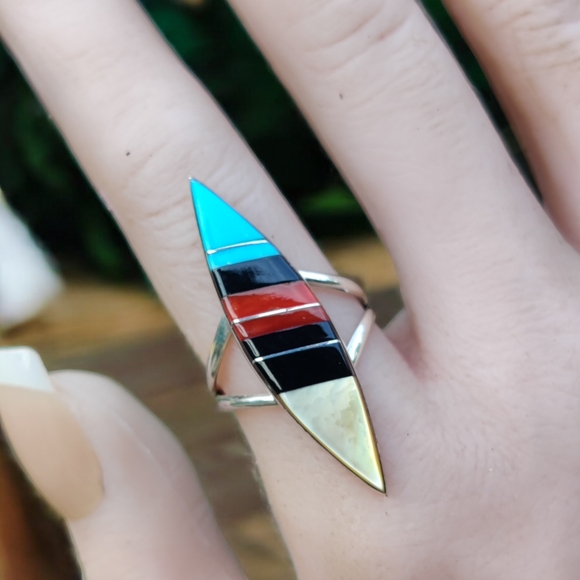 Antique Sterling Zuni signed turquoise coral onyx and mother of pearl ri… - Picture 2 of 10